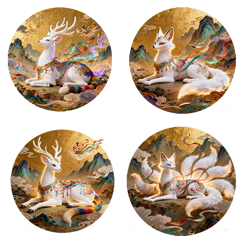 Three Ratels CEE102 Mythical style colorful deer nine tailed fox wall sticker for home decoration lucky car decals