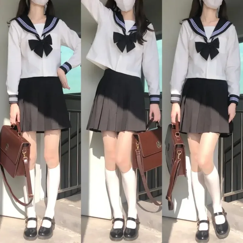 Japanischen Stil Kleidung Anime COS Kostüme Frauen Grundlegende JK Schwarz Kragen Weiße Linien Schuluniform Mädchen Sailor Anzüge Falten Rock