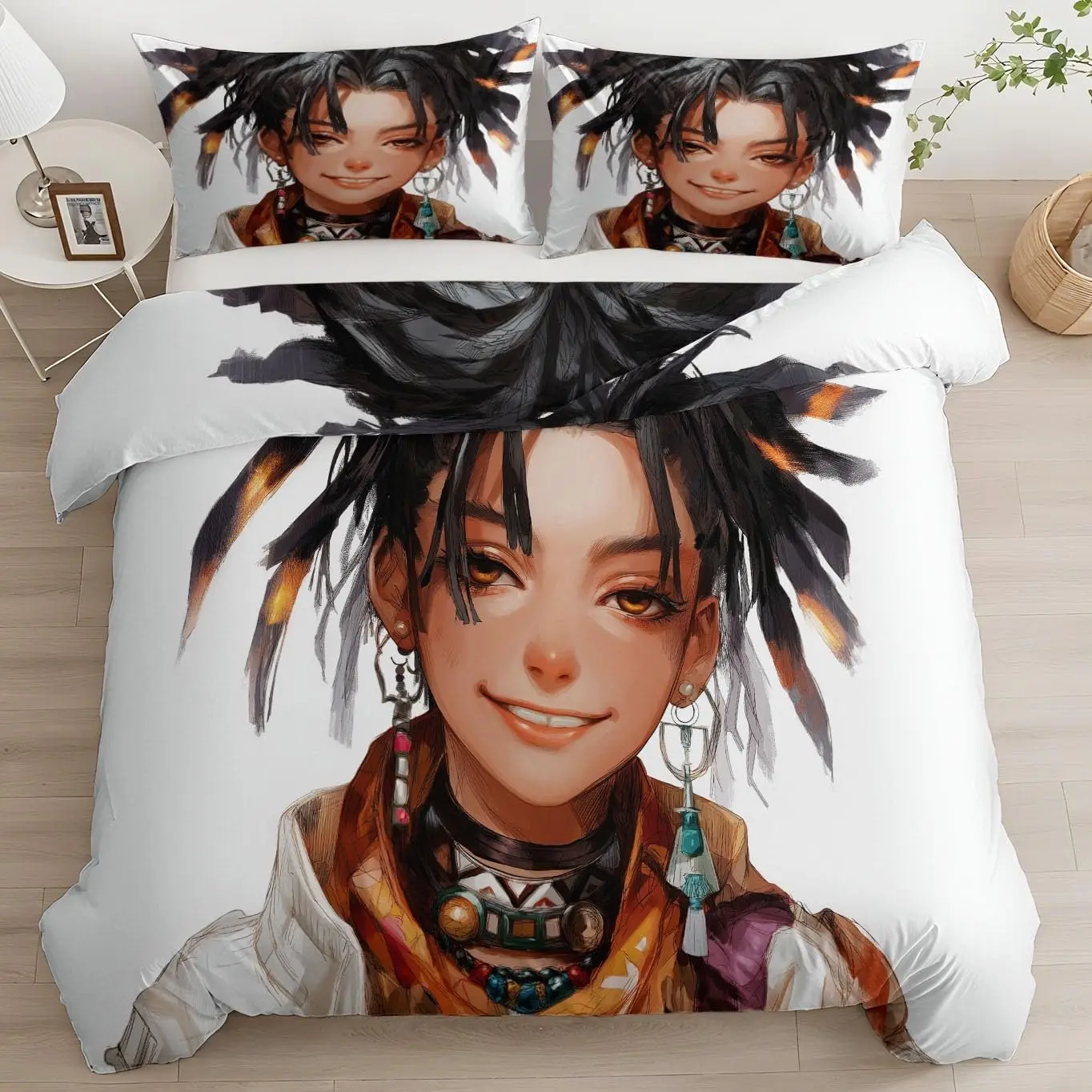 Ethnic Style Anime Character Duvet Cover Set Double Size 200x200cm With 2 Pillowcases Reversible White Quilt