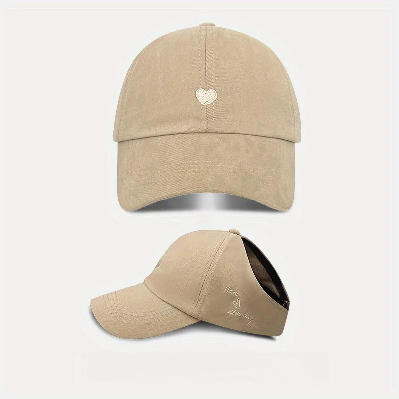 1 nicho em forma de coração bordado design, rabo de cavalo alto meados de ar chapéu superior, chapéu de beisebol feminino verão sol sombreamento, shoppi versátil