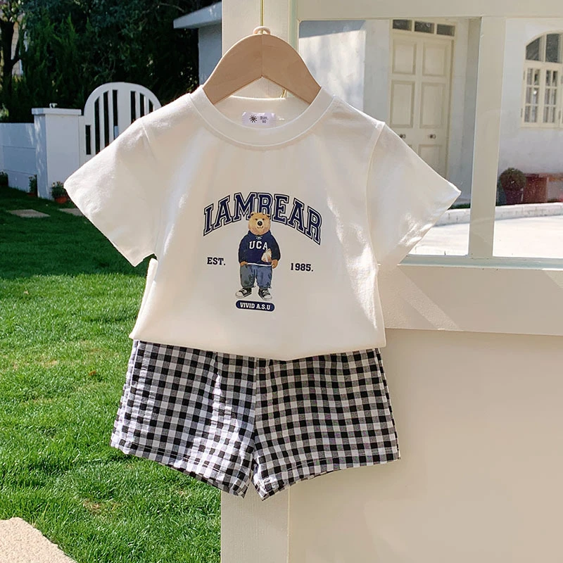 2-teiliges Set für Jungenkleidung, Cartoon-T-Shirt + karierte Shorts, Sommermode, lässiger kurzärmeliger Anzug, Freizeit-Trainingsanzüge für Kinder im Alter von 1–6 Jahren – Detail 3