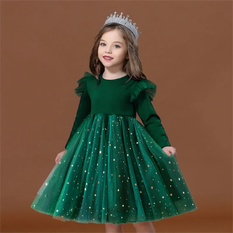 Green Christmas Dress for Kids Girls Autumn Long Sleeves Princess Dresses Children Winter Birthday Party New Year Costume 3-8Yrs