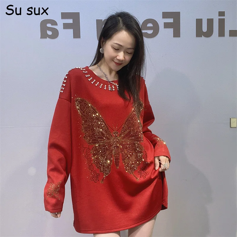 

Sequins Butterfly Long Sleeve T Shirt Woman Japanese Korean Fashion Casual Oversized Tees 2026 Spring Outwear Bust 134cm