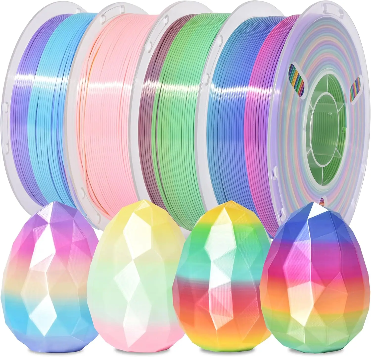 

4-Color Rainbow Silk PLA Filament Bundle, Fast Color Change, 1.75mm 1kg x4 Spools in Candy/Macaron/Ice Cream/Guava