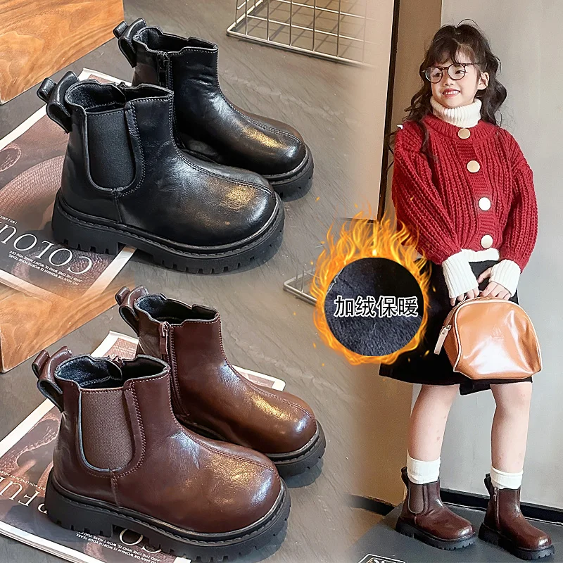 Kids Platform Leather Boots for Girls 2025 New Winter Kids Warm-lined Ankle Boots Non-slip Elastic Side Kid School Chelsea Boots
