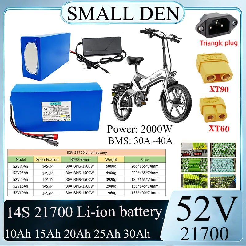

Аккумуляторный блок Li-ion 52В/58.8В 14S 21700 10Ач 15Ач 20Ач 25Ач 30Ач со встроенной BMS 2000Вт для электроинструментов и лодок, с зарядным устройством
