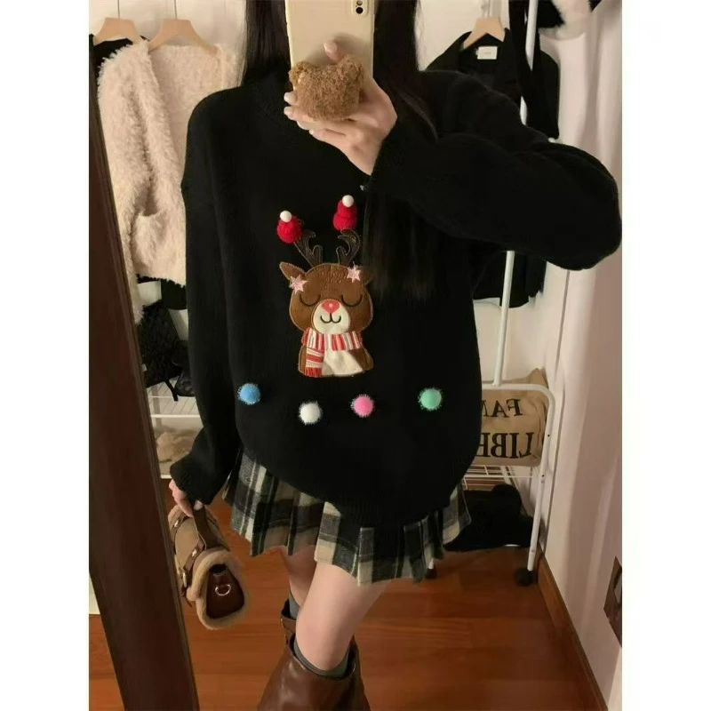 

New Style Fashionable Warm Loose Thickened Commuting Pullover Autumn Christmas Large Size Printing Knitted Sweater for Women