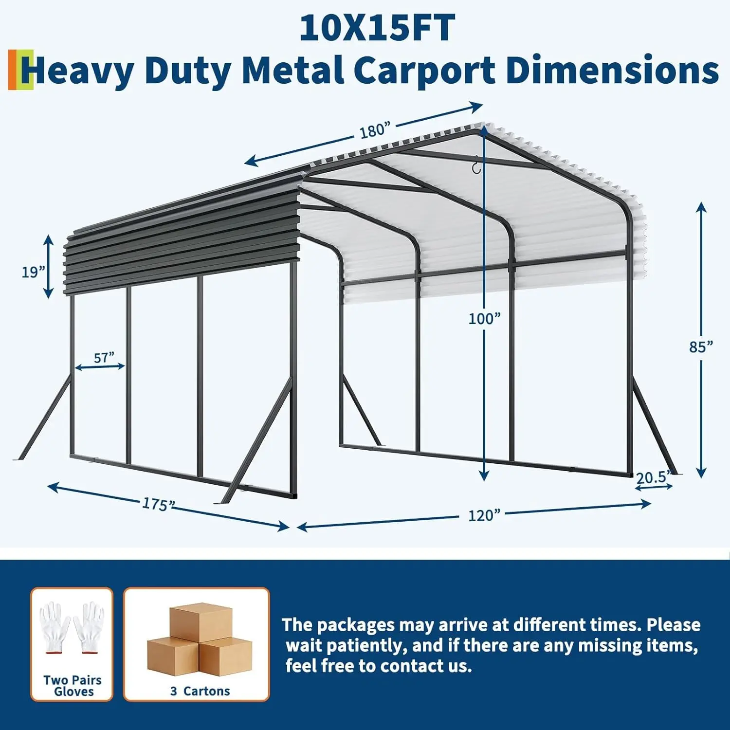 Customized Outdoor Metal Carport Canopy, 10x15FT Heavy Duty with Electro-Galvanized Steel Top & Triple-Braced Structure