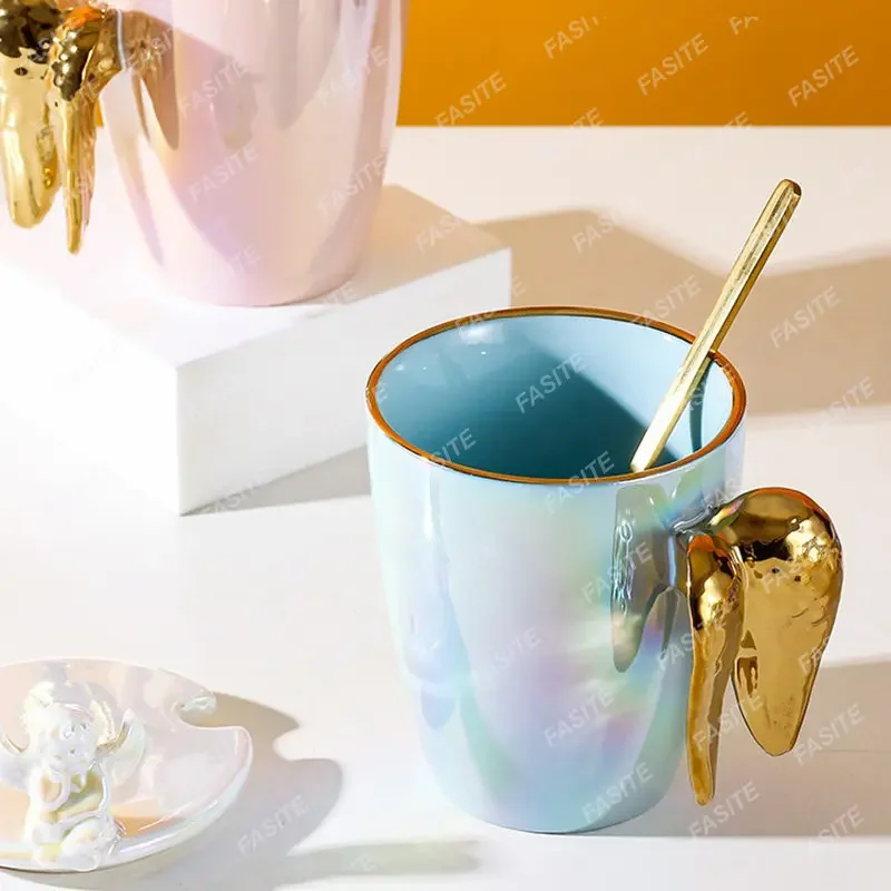 Nordic Ceramic Mug Luxury Coffee Cup Water Angel Wing Funny Large Mugs with Lid Spoon Thermal Birthday Personalized Gift Ideas