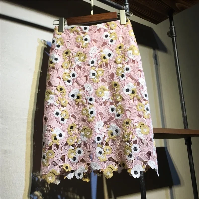 Korean Fashion High Waist Knee Length Skirt Floral Embroidery Midi Lace Skirt Summer Vintage Y2k Female Streetwear
