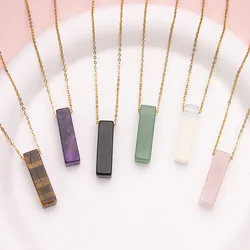 1pcs Natural stone crystal rectangular column square stainless steel pendant necklace collarbone chain women's jewelry