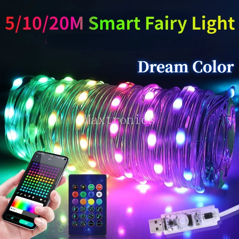 

5/10/20M Smart Fairy Light Magic Leather Wire Lamp APP Controls USB Dream Color Strip Light for Holiday Party Tree Light Decor