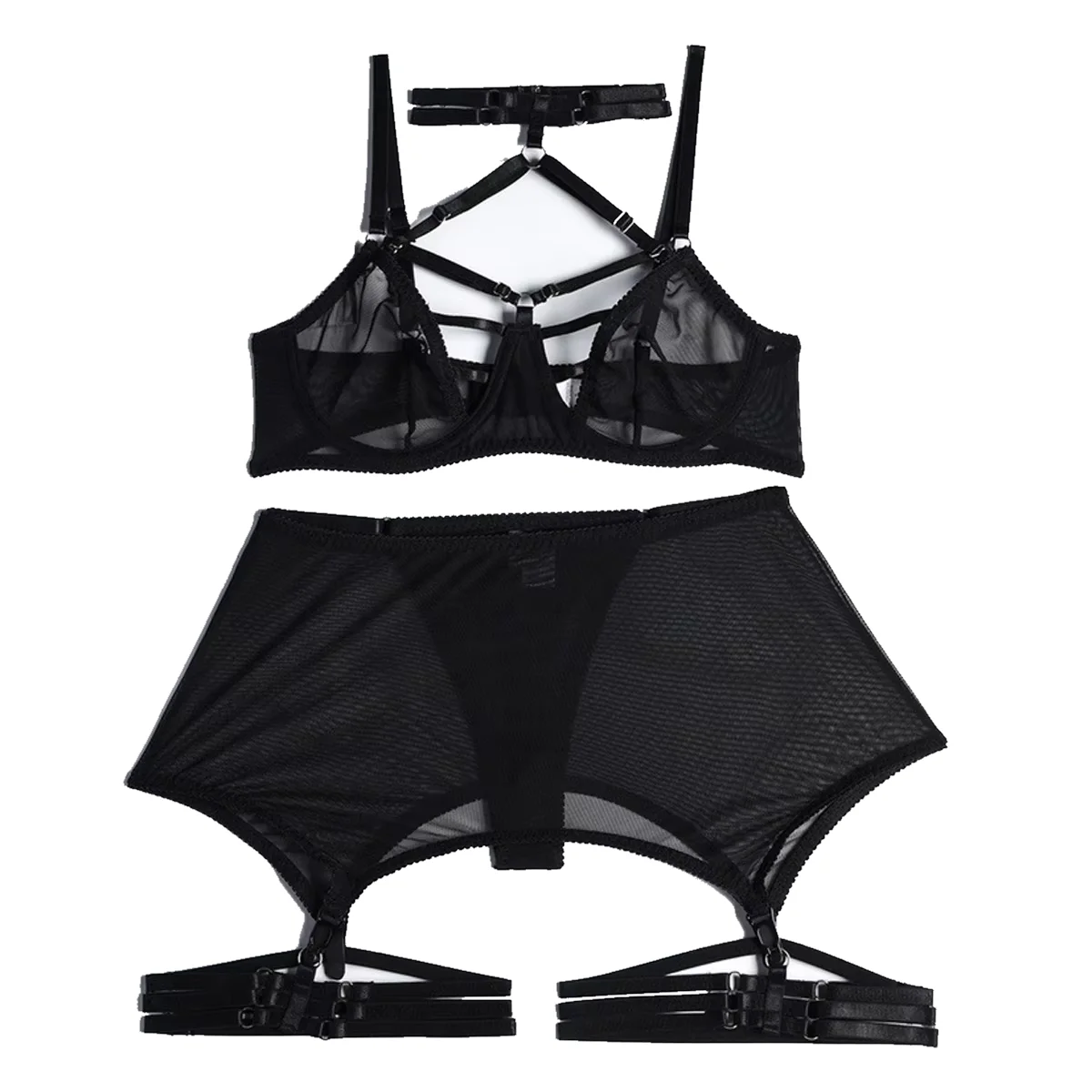 

3-Piece Halter Mesh Lingerie Set Sexy Garter Brief Kit Eco-Friendly Packing