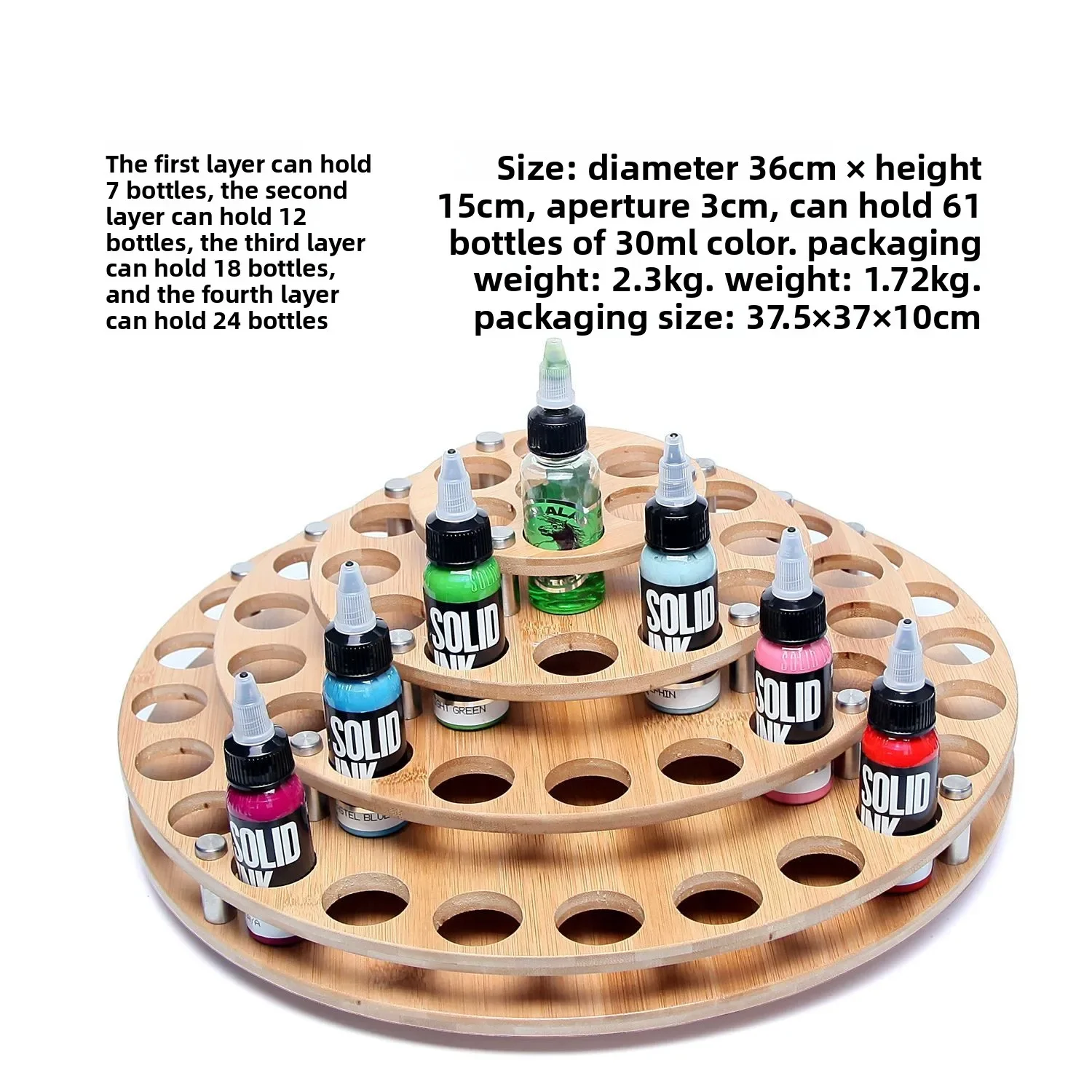 High quality Wooden Disc Color Rotating Display Rack, Tattoo Color Display Rack with 61 Bottles of Color on 4 Layers 360 ° Rotat