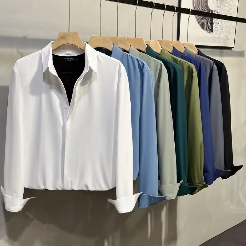 

Ice Silk Men's Long Sleeve Shirt Thin Spring Autumn Casual Elastic White Shirt Iron Free Drapey Button down Standard Fit Yout...