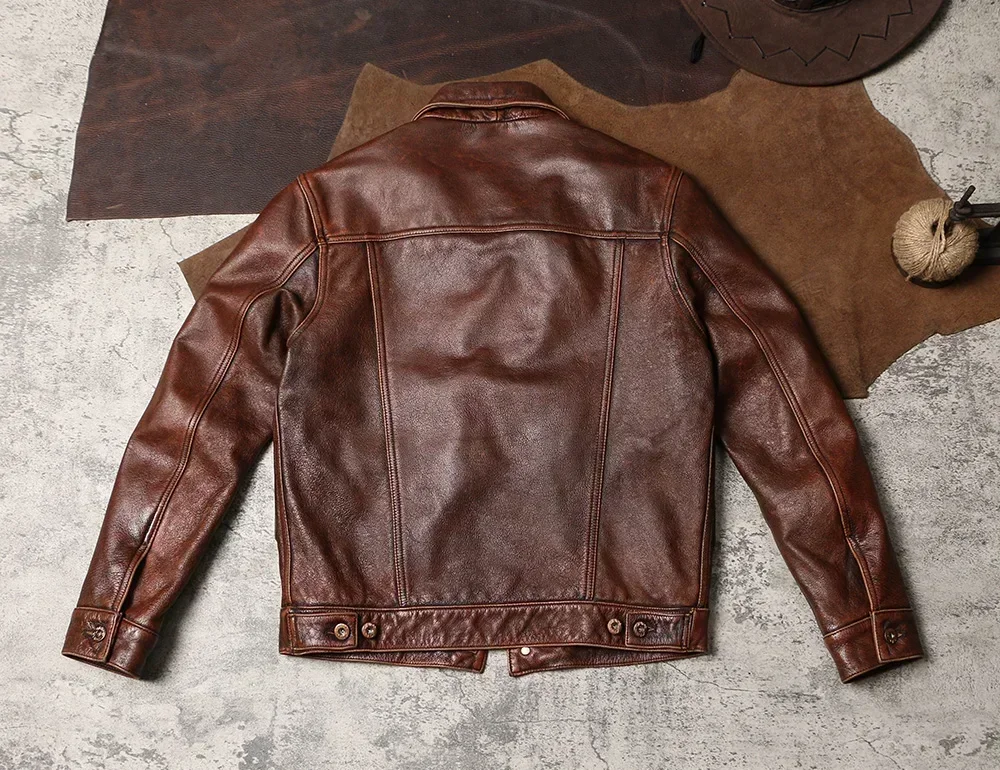 Tailor Brando Retro Distressed Antique Copper Color 506 Short Flip Collar Workwear Men's Top Layer Genuine Leather Jacket