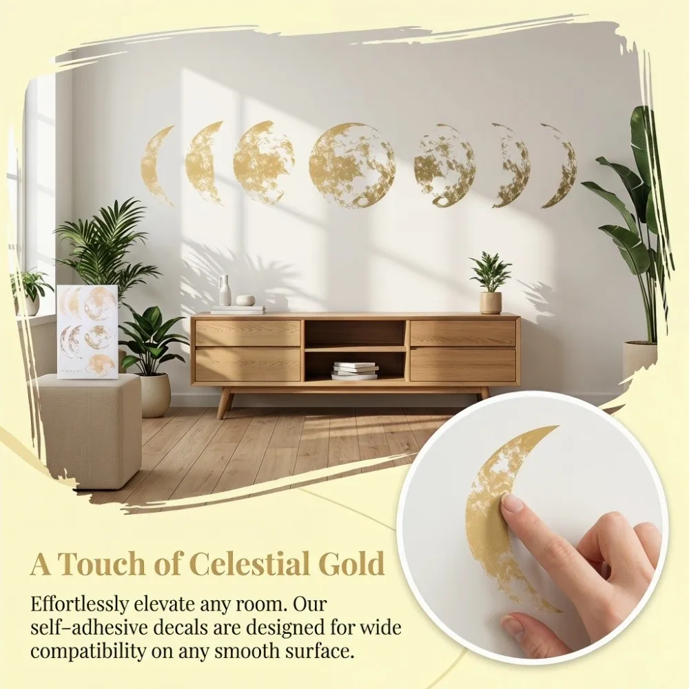 PVC Moon Phase Wall Sticker Golden 23.62*15.75 in golden moon phase sticker Stickers Mural Moon Phases