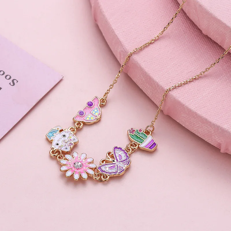 K-pop children's girl sweet cartoon necklace Sedan cat butterfly flower dripping oil alloy necklace children's gift