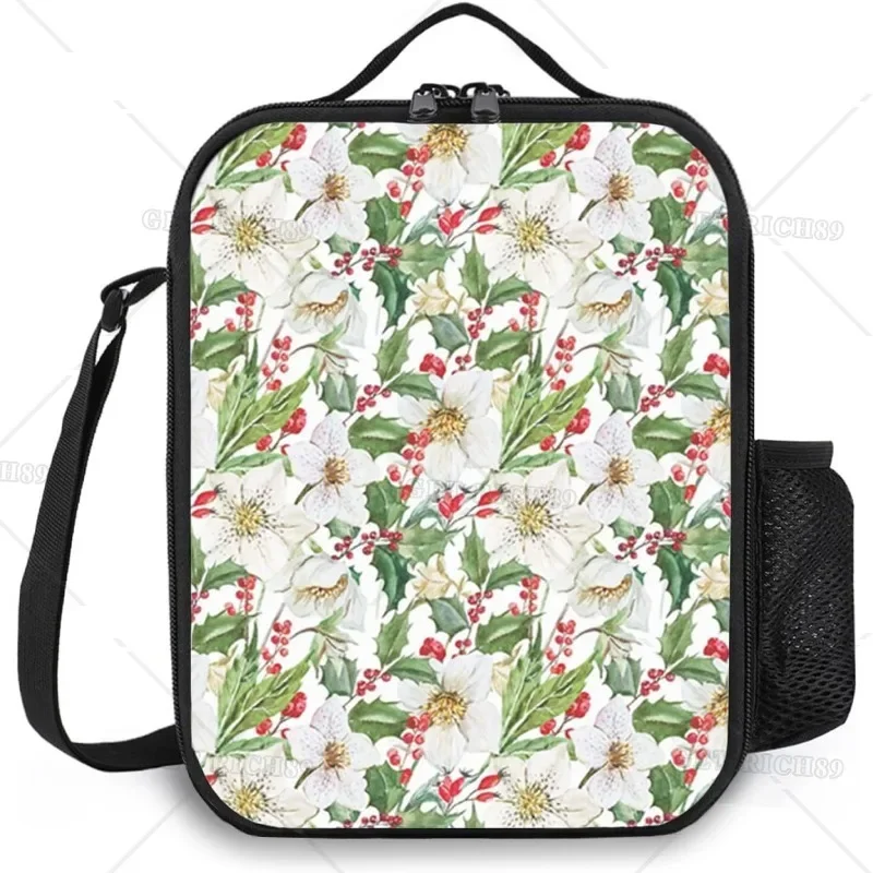

Watercolor Floral Poinsettia Berries Leaf Insulated Lunch Bag for Adult Men Women Durable Reusable Insulated Lunch Box for Work