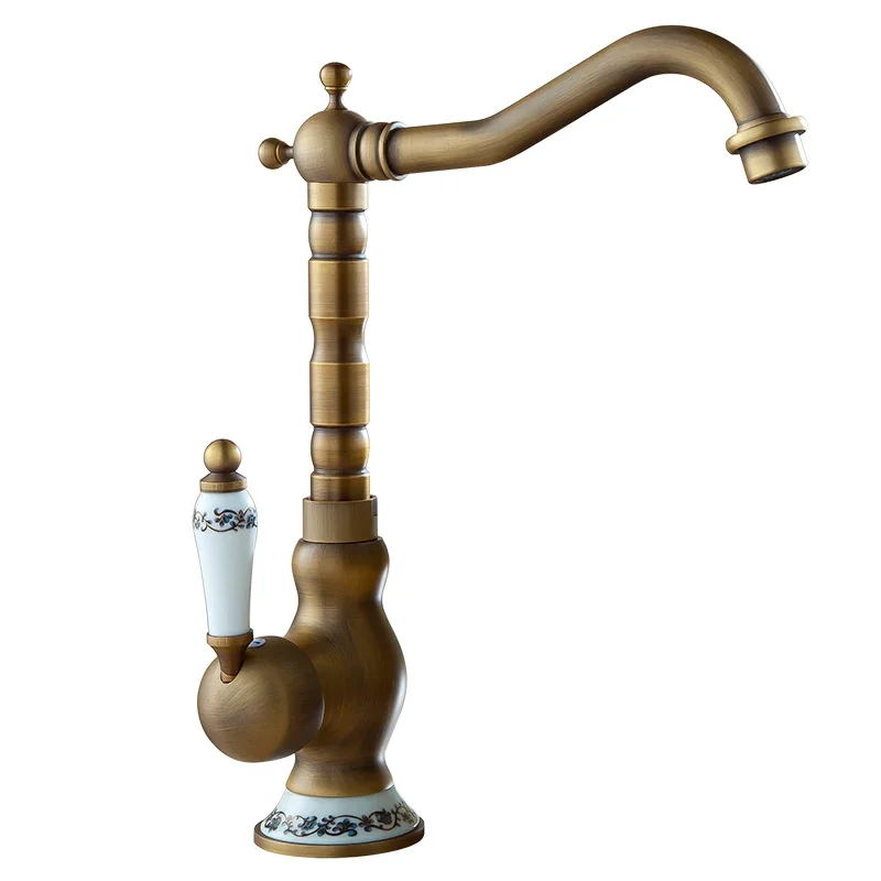 Torneiras de banheiro com cerâmica única alça, Misturador de bacia de água fria e quente, Sink Tap, Crane, Antique Bronze, Cozinha