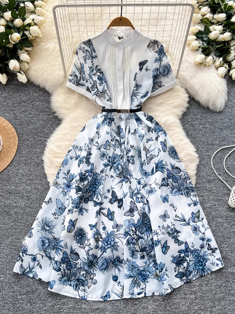 

France Elegant Vintage Palace Evening Dress Women Print Sashes Short Sleeve Party Dress Female Casual Chic Holiday Clothing New