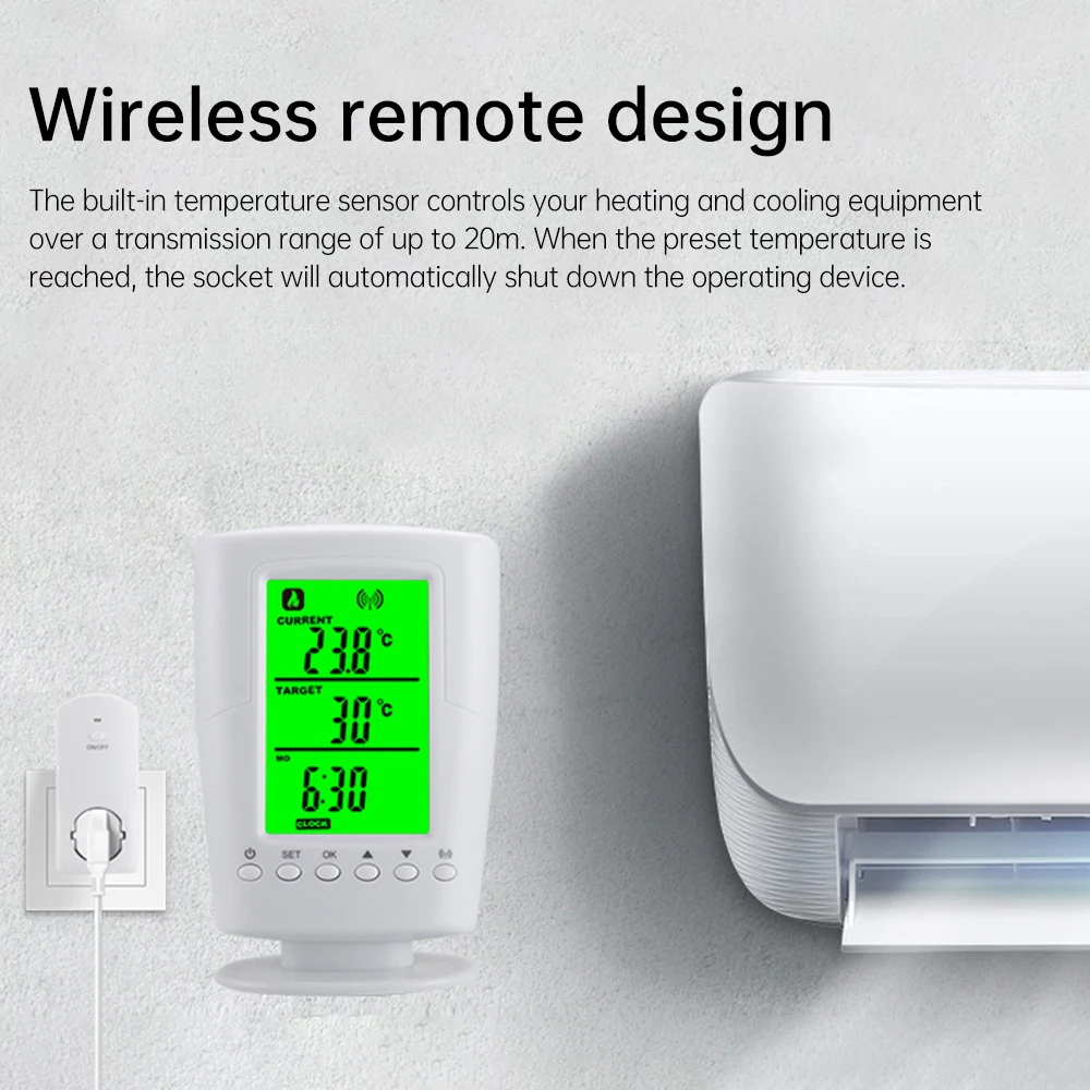 TS-2000 0-60℃ Temperature Control Socket Set LCD Backlight Display Wireless Heating Cooling Program Thermostat Thermoregulator