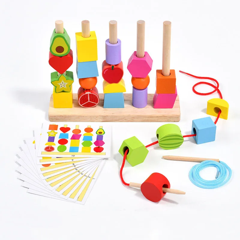 

Montessori Wooden Toys Stacks Blocks Puzzle Game Colorful Beaded Fruit Color Shape Matching Early Educational Toys Gift for Kids