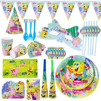 만화 스폰지 밥 테마 어린이 생일 접시 컵 냅킨 일회용 식기 용품 어린이 아기 생일 파티 장식 세트