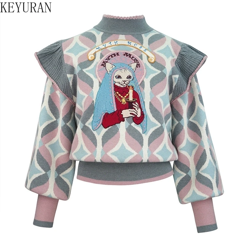 

Vintage Jacquard Knit Sweater Women 2025 Spring Elegant Stylish Flying Sleeve Cartoon Embroidered Pullover knitwear Tops Jumpers