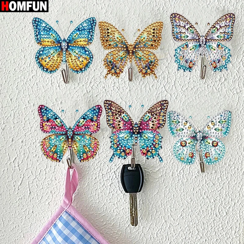 HOMFUN 6 pz/set fai da te farfalla a forma speciale pittura diamante 5D Kit gancio chiave a parete ricamo strass decorazioni per la casa regalo