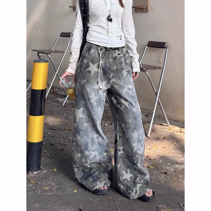 

ZHIZOU Women Y2k Camouflage Cargo Jeans Harajuku 90s Vintage Baggy Star Denim Trousers Japanese 2000s Style Oversize Jeans Pants