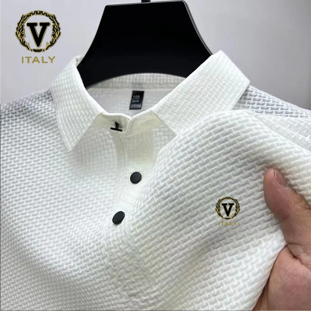 

Fashion printed ice silk elastic polo shirt 2025 new summer T-shirt breathable men's clothing business short sleeved luxury top
