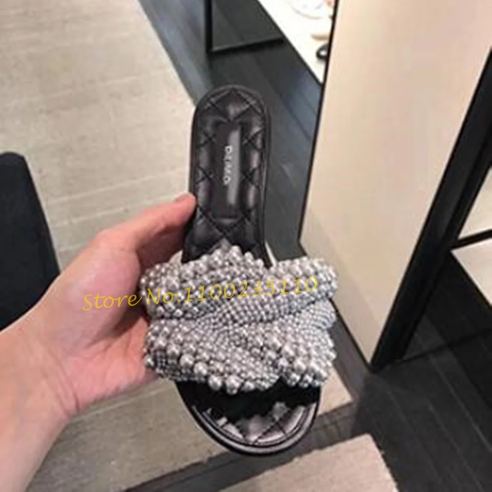 Luxury Women Pearls Flat Slippers Banquet Comfy Sweet Slippers Solid Open Toe 2022 Women Spring Summer Elegant Pearl Shoes