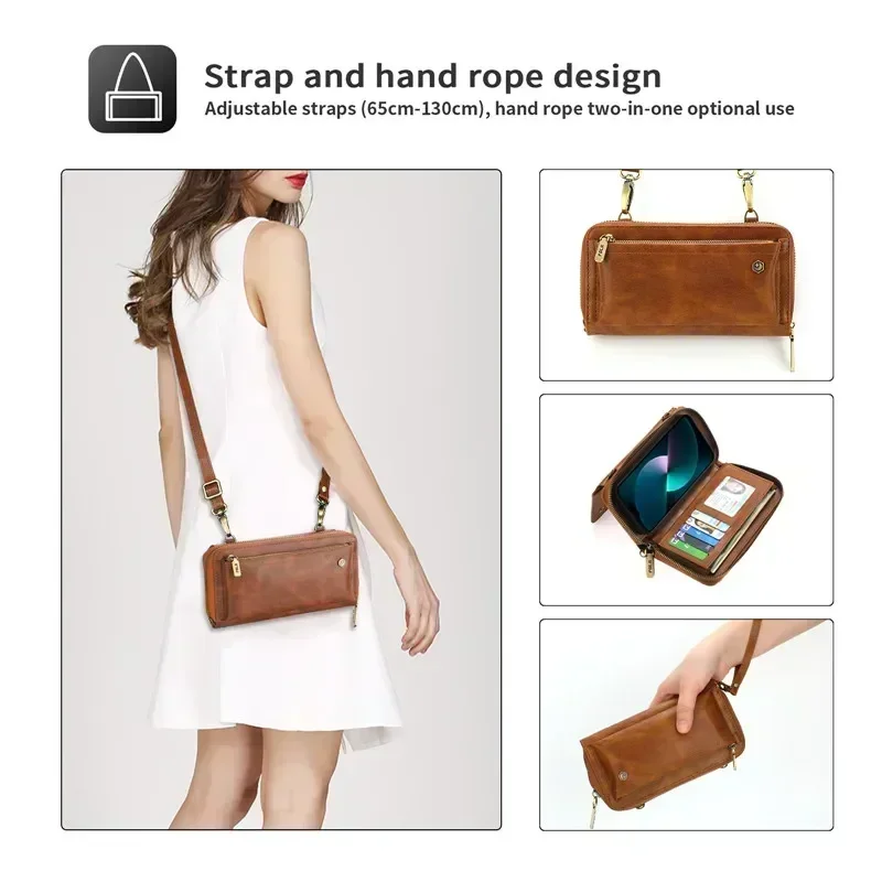 Luxury Leather Zipper Wallet Card Phone Bag for IPhone 15 Pro Max 14 Plus 13 12 11 SE XS XR X 8 7 6S Lanyard Flip Case Cover