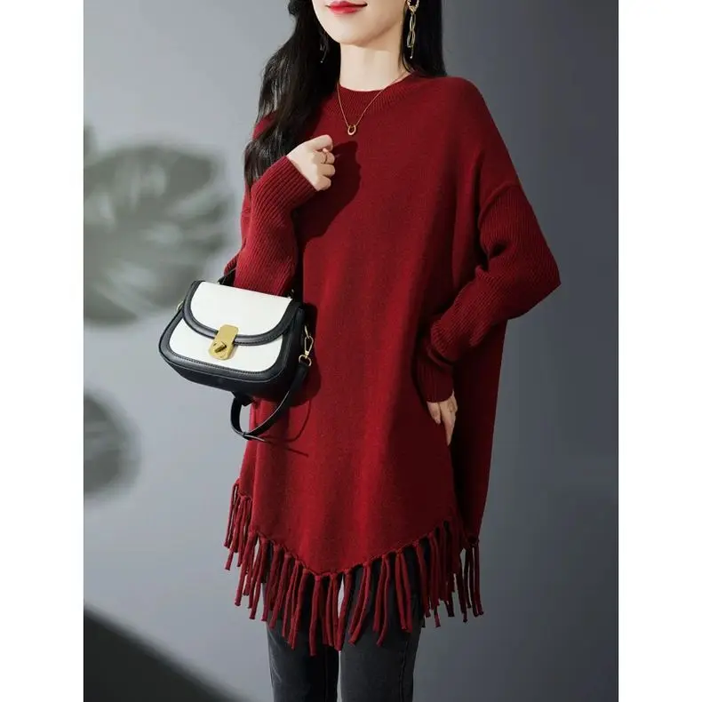 

Women Knitted Sweater Autumn Winter New Female Pullover Loose Large Size Mid-length Sweaters Dress Femme Tassel Knitted Top M81