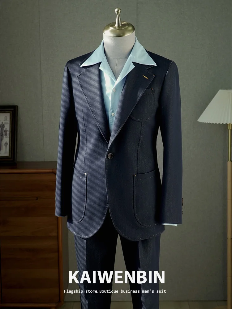 Men's Denim Suit 2 piece Contrast Color Casual Blazer Naples Trousers Men's Party Wear Wedding Luxury Half Canvas