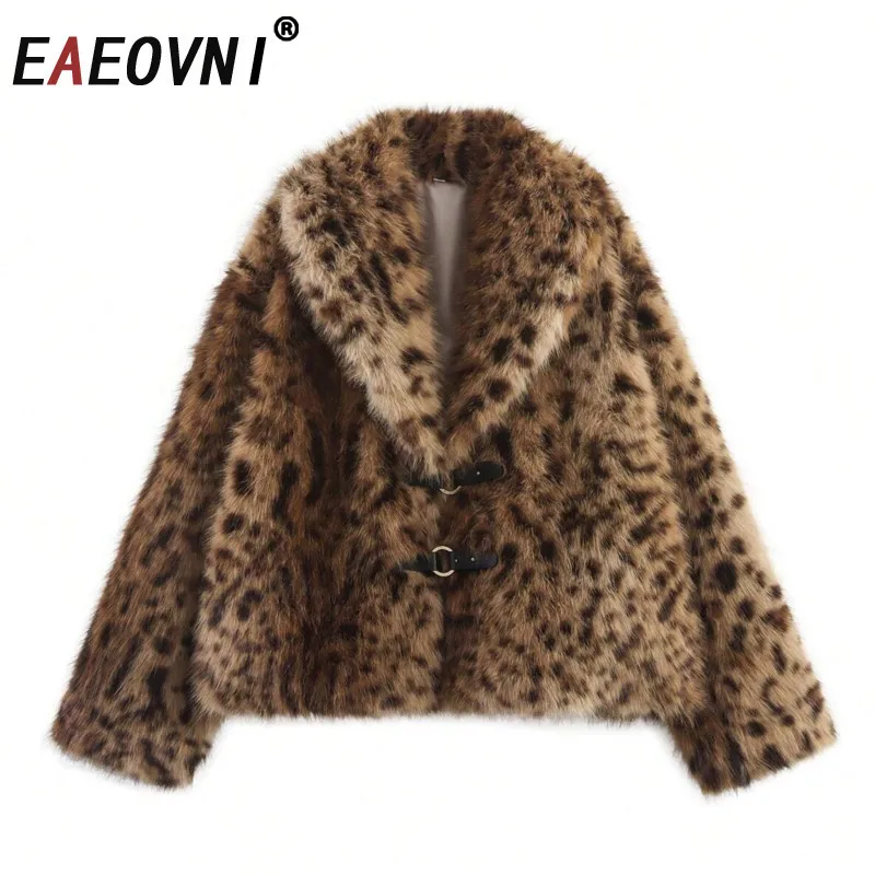 

EAEOVNI леопардовый дизайн, модная зимняя куртка на меху, женская уличная одежда, контрастный цвет, дизайн на пуговицах, пальто, новинка 2023 года, одежда