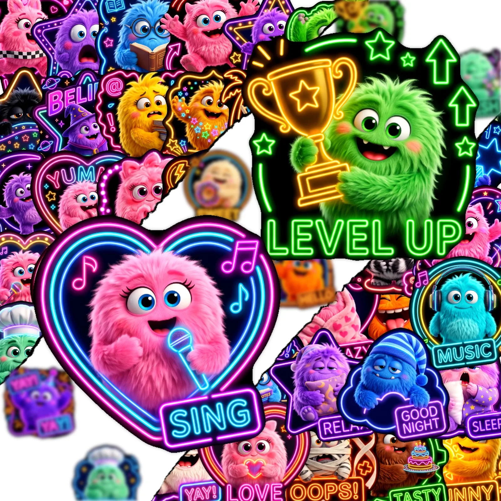 50PCS HD Plush Little Monster Fun Expression Neon Stickers Pack Cute Decorate Student Hand Account Waterproof Non Repeated Decal