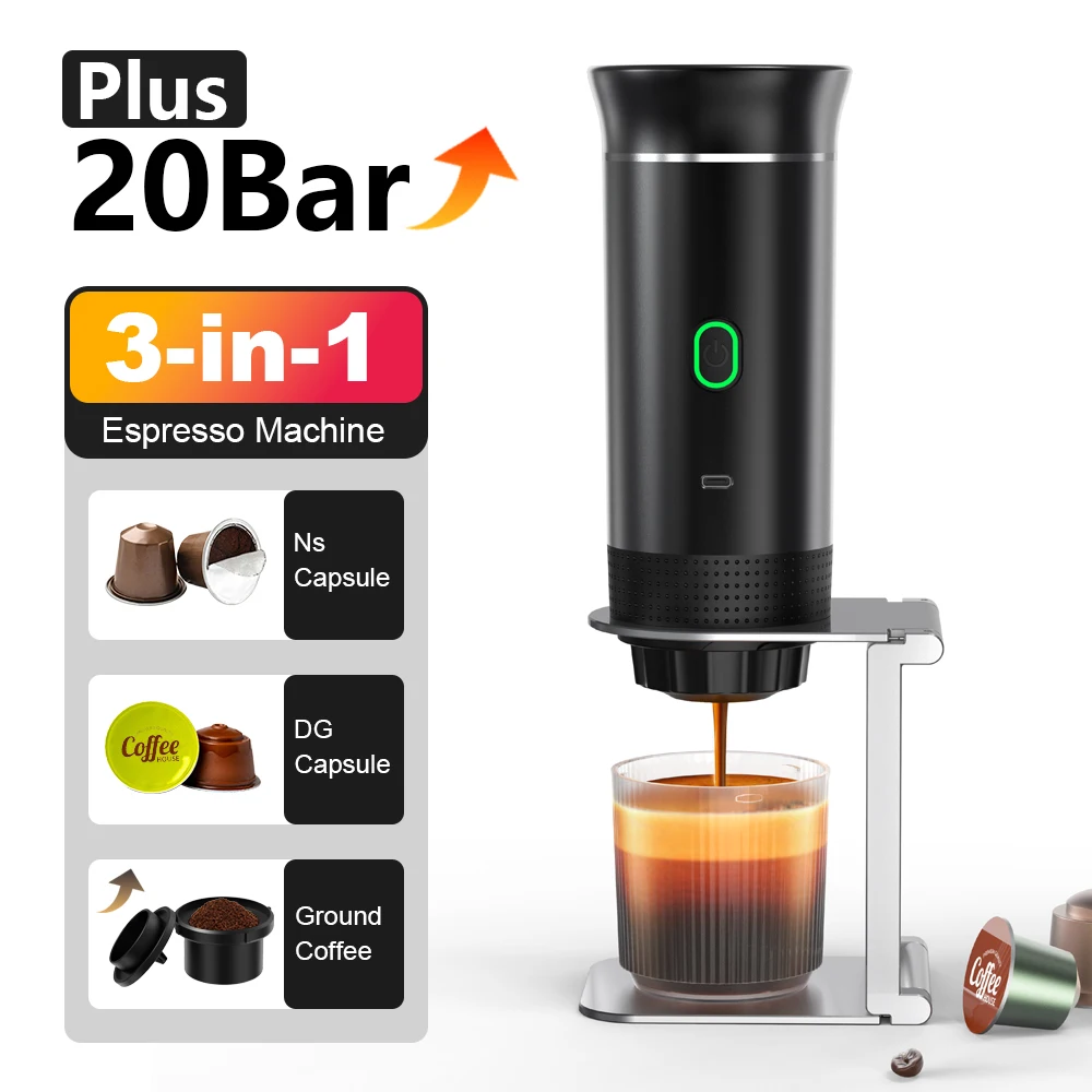 Draadloos elektrisch draagbaar espressomachine voor auto en thuis Camping Koffiezetapparaat 3-in-1 Capsule Poeder Reiskoffiezetapparaat