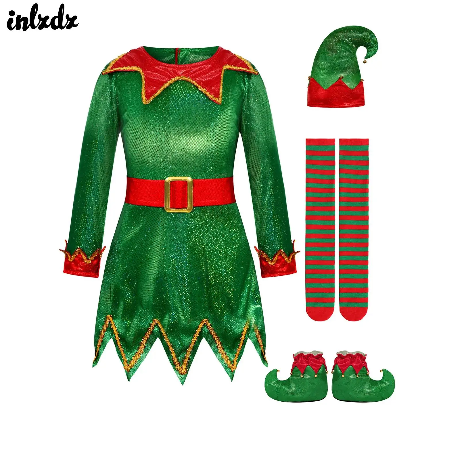 

Рождественский костюм Санта-Клауса для девочек, карнавальный костюм, новогоднее рождественское платье с рюшами и поясом, шляпа в полоску, комплект носков и обуви