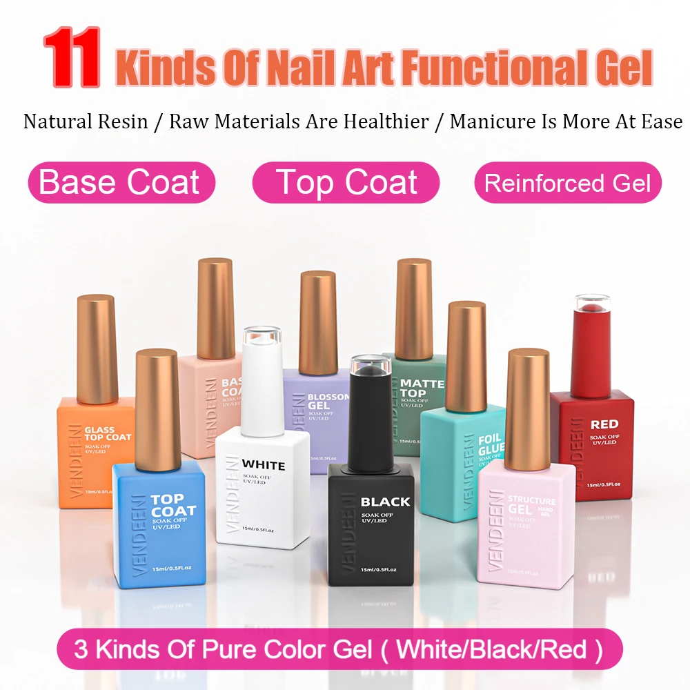 Vendeeni 11 Kind Of Nail Art Functional Gel Pure Color White Black Red Matte No Wipe Top Coat Base Coat Blossom Gel Cat Eye Gel 