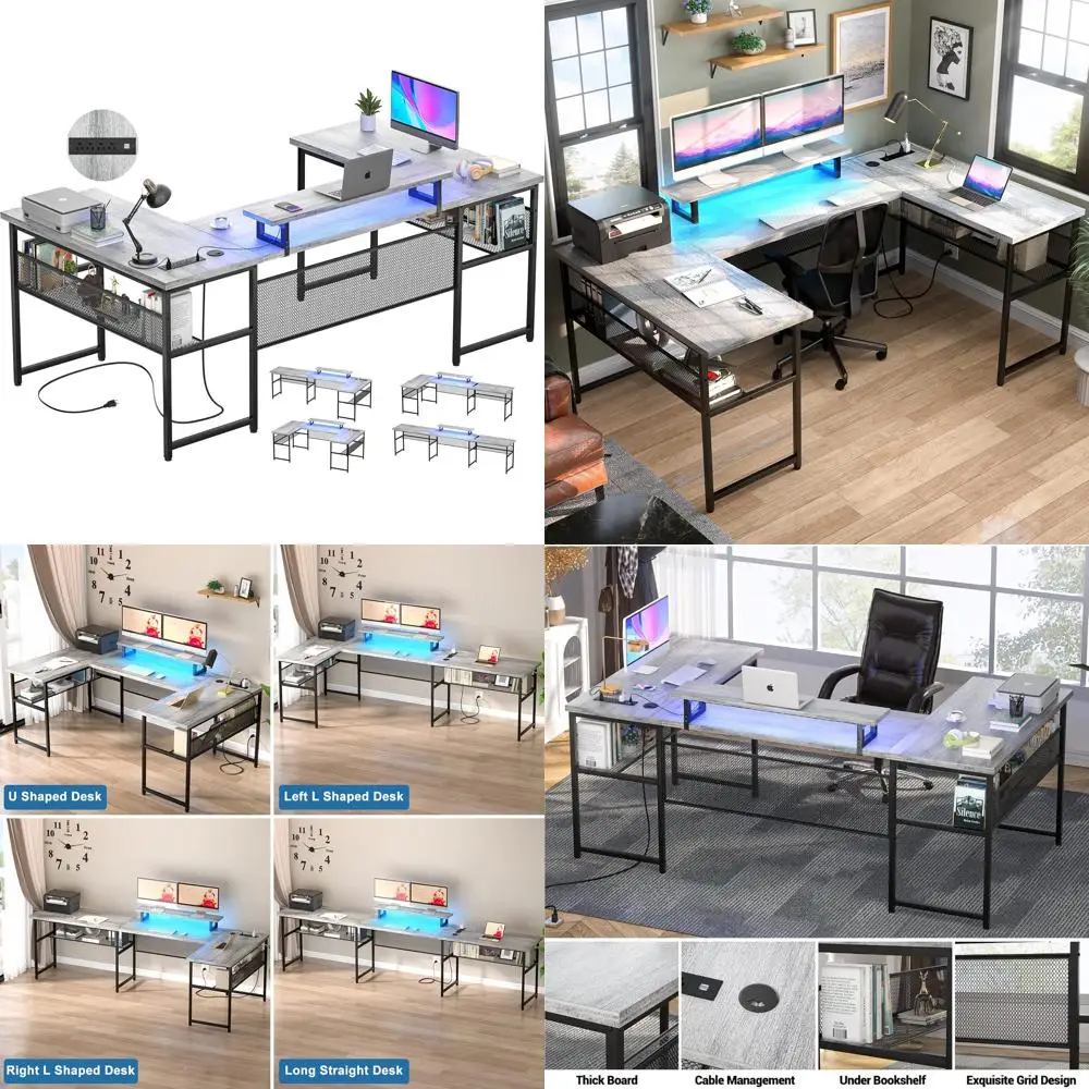 

Reversible L-Shaped Office Desk with Monitor Stand, Bookshelf, and Built-in Power Outlet