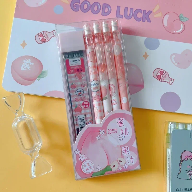 Lápis automático Cartoon Activity, Caneta bonito Creative Press Student, Papelaria escolar com presente Eraser, Caixa