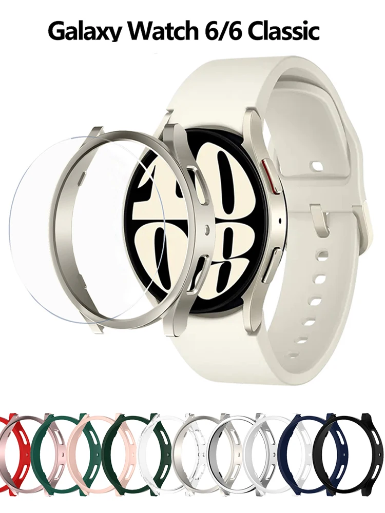 حافظة وزجاجية لساعة سامسونج جالاكسي 6 ، 40 ، 44 ، إطار كمبيوتر ، مصد واقي ، غطاء كلاسيكي ، 43: 47