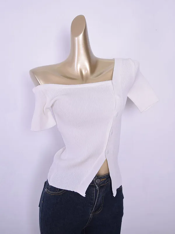 

Sexy Knitted f-oulder ort-Sve Open-Cardigan Asymmetric Slit One-oulder Top Commute Sle Pure Color Casual Wear