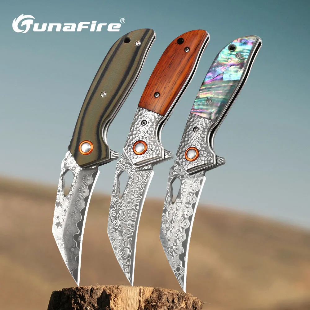 Tunafire Original Folding Blade 76 layers Damascus Steel Knives color shell or G10 Handle Camping Folding Survial Small Knife