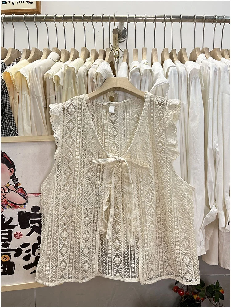 เสื้อกั๊กผูกเชือกสไตล์ญี่ปุ่น แต่งลูกไม้ ดีไซน์หวาน ไซส์เล็ก ช่วยพรางหุ่น เสื้อคลุมแฟชั่นผู้หญิง สำหรับฤดูใบไม้ผลิ