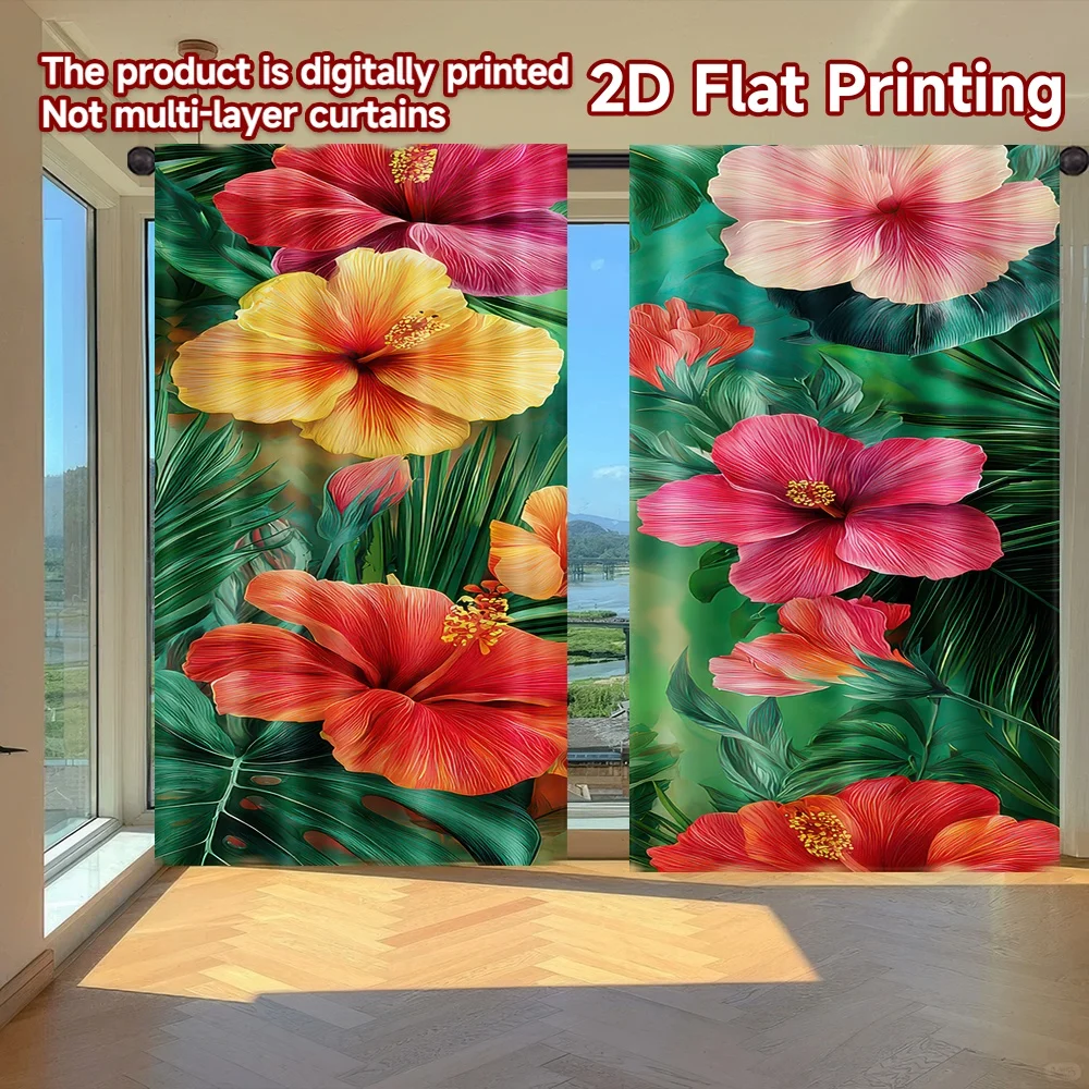 

2D flat printing 2pcs Curtain Tropical Hibiscus Blooms Digital Printed Polyester Drapes Festive Curtains Perfect for All