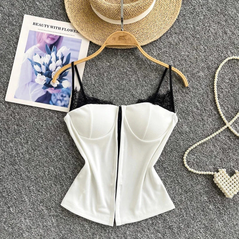

Chic Bandage Spliced lace Camis Slim Vintage Tank Top Korean Fashion Corset Bustier Hotsweet Y2k Sling Crop Top