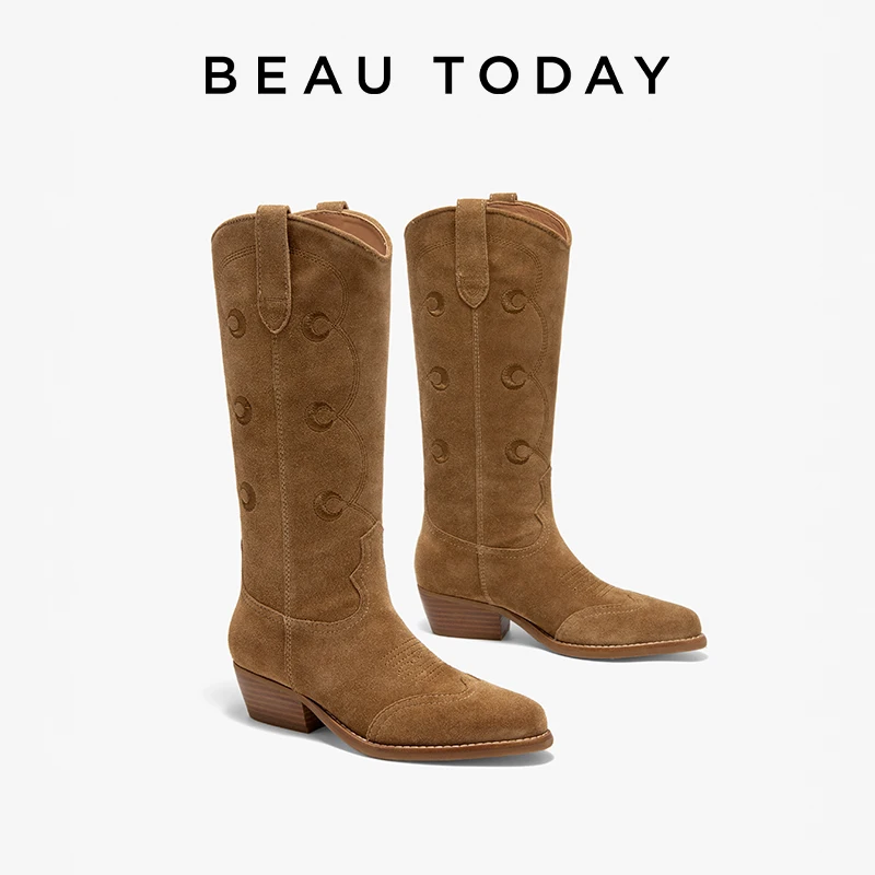 

BEAUTODAY Western Boots Women Cow Suede Leather Pointed Toe Mid Heel Ladies Knee High Shoes Handmade 06163